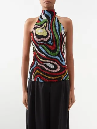 Halterneck Smocked Printed Crepe De Chine Top
