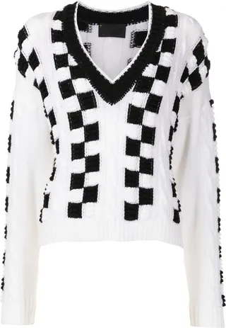 checkerboard-knit V-neck jumper