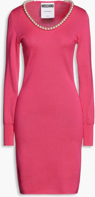 Faux pearl-embellished wool mini dress