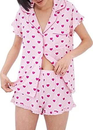 Stripe and Stare Diamond Heart Frill Bedshort Pajama Set