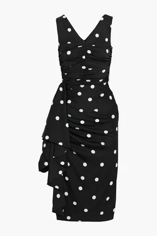 Ruched draped polka-dot silk-blend dress