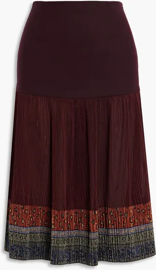 Ballet plissé crepe de chine-paneled woven midi skirt