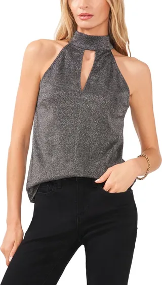 1.state Women's Knit Sparkle Sleeveless Halter Keyhole Top
