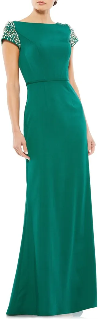 Beaded Cap Sleeve Satin Sheath Gown
