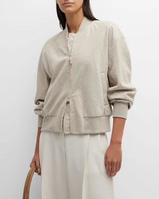 Windowpane Embroidered Suede Bomber Jacket