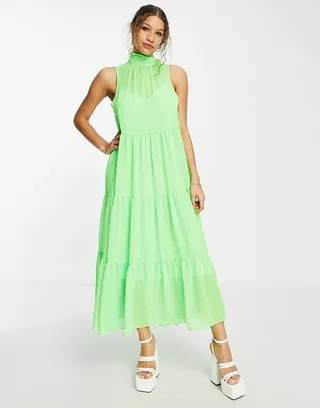 ASOS DESIGN high neck tiered maxi dress in neon green