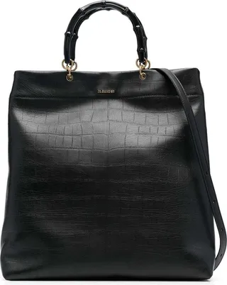Black Croco Embossed Tote Bag With Bamboo Handles In Leather Woman