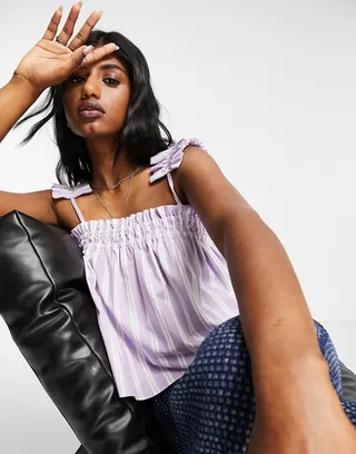 Topshop striped ruffle strap cami in lilac