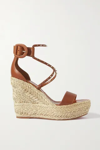 Christian Louboutin - Chocazeppa 120 Studded Leather Espadrille Wedge Sandals - Brown