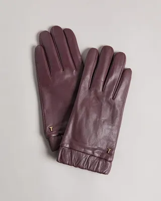 Ruched Cuff Leather Gloves in Deep Purple