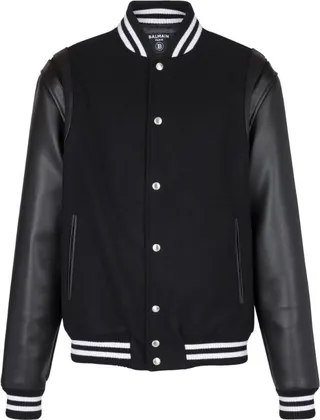 Balmain Leather-Sleeve Varsity Jacket