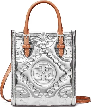 Mini T Monogram Embossed Metallic Tote Bag
