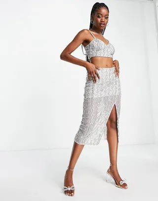 Miss Selfridge Premium embellished rope detail midi skirt in silver - part of a set - SILVER