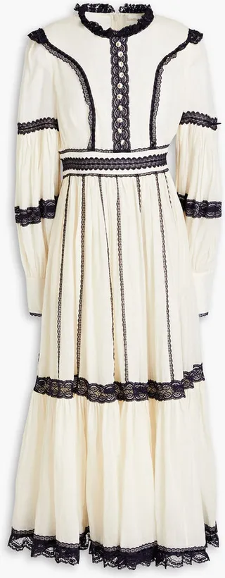Embellished lace-trimmed ramie midi dress