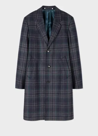 Navy Wool-Blend Check Overcoat