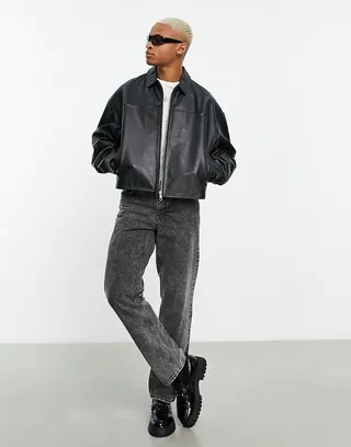 ASOS DESIGN oversized real leather shacket in black