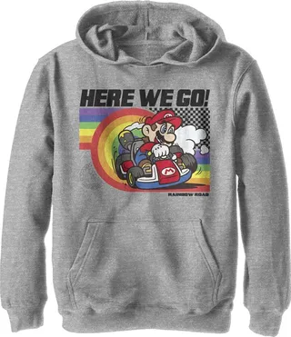 Boy's Nintendo Mario Kart Rainbow Road Racing Pull Over Hoodie - Athletic Heather - X Large