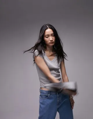 Topshop ribbed slim v neck tee in gray