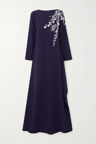 Marchesa Notte - Draped Bead-embellished Embroidered Stretch-crepe Gown - Blue