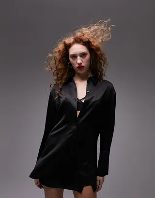 Topshop satin oversized shirt in black
