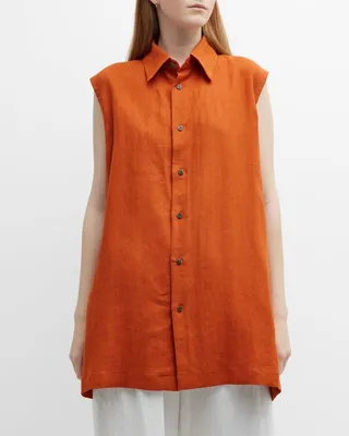 Slim A-Line Sleeveless Shirt with Collar and Side Slit Detail (Long Length)