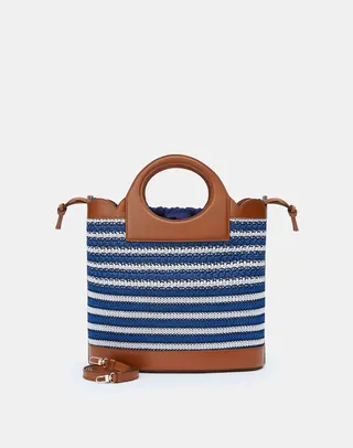 Stripe Raffia Vachetta Leather Basket Baglarge