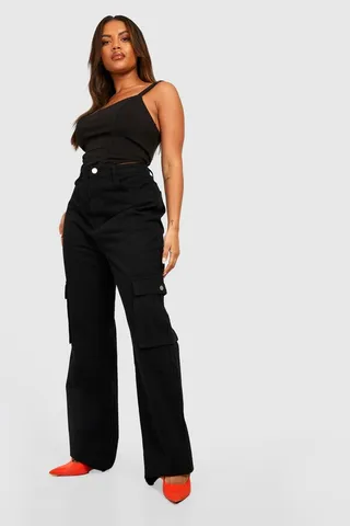 Plus High Waisted Straight Fit Cargo Jeans