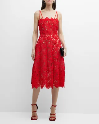 Floral Guipure Lace Strappy Fit-&-Flare Midi Dress