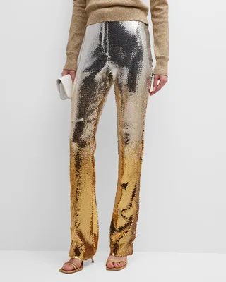 Ombre Sequin Split-Hem Flare-Leg Pants