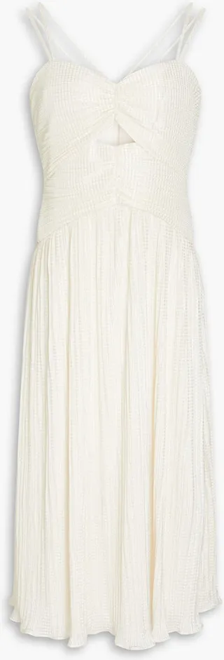 Ruched plissé jacquard midi dress