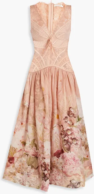 Lace-paneled floral-print silk and linen-blend maxi dress