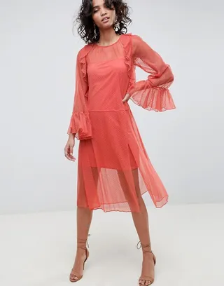ASOS DESIGN Flute Sleeve Midi Dress In Sheer Dobby Mesh