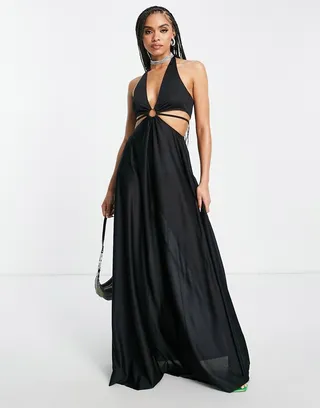 ASOS DESIGN ring detail halter maxi dress in black