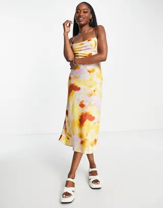 Stradivarius satin midi dress in blurred print