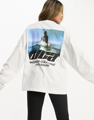ASOS Weekend Collective oversized long sleeve t-shirt with photographic back print in gray heather