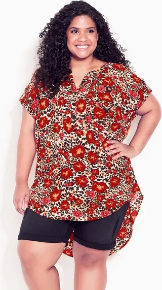 AVENUE| Women's Plus Size Button Pleat Print Top - floral animal - 30W