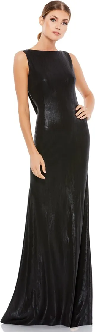 Metallic High Neck Cowl Open Back Column Gown