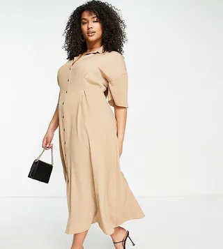 ASOS DESIGN Curve button through waist midi shirt dress in beige