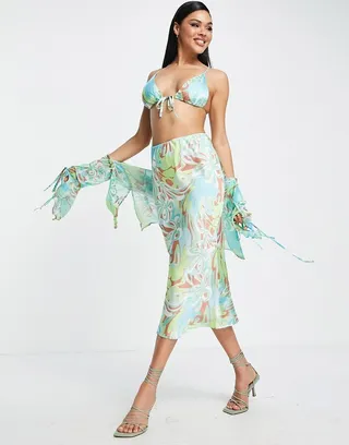 ASOS DESIGN satin midi skirt in green swirl print - part of a set