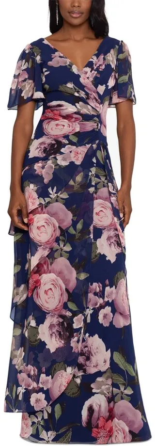 Xscape Women's Surplice Tiered Gown
