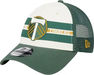 Men's New Era White and Green Portland Timbers Team Stripes 9FORTY Trucker Snapback Hat