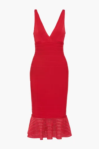 Fluted metallic-trimmed bandage midi dress