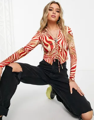 Bershka animal print crop top with collar in red