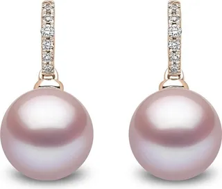 18kt Rose Gold Diamond And Pink Pearl Earrings