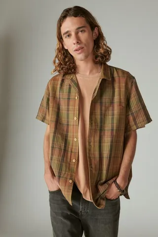 Linen Madras Plaid Short Sleeve Camp Collar Shirt