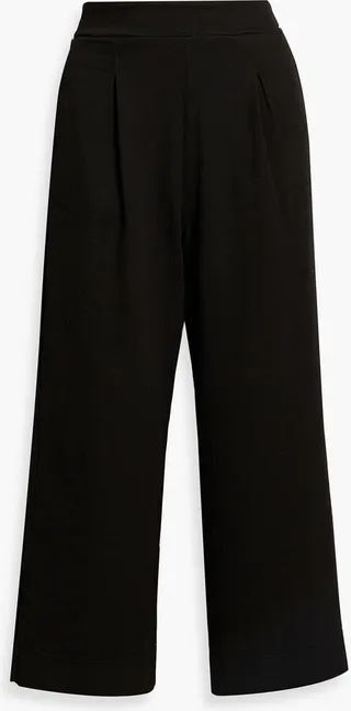 Cropped pleated herringbone cotton wide-leg pants