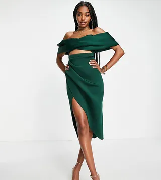 ASOS DESIGN Tall 2 piece off shoulder pencil wrap tuck midi dress in forest green