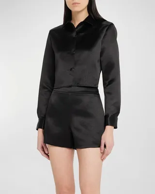 Cropped Satin Button-Front Shirt