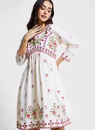 Embroidered Crew Neck Dress