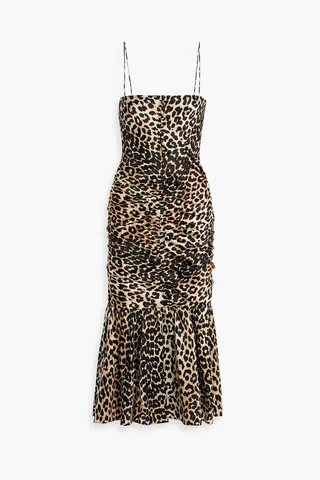 Ruched leopard-print silk-blend satin midi dress